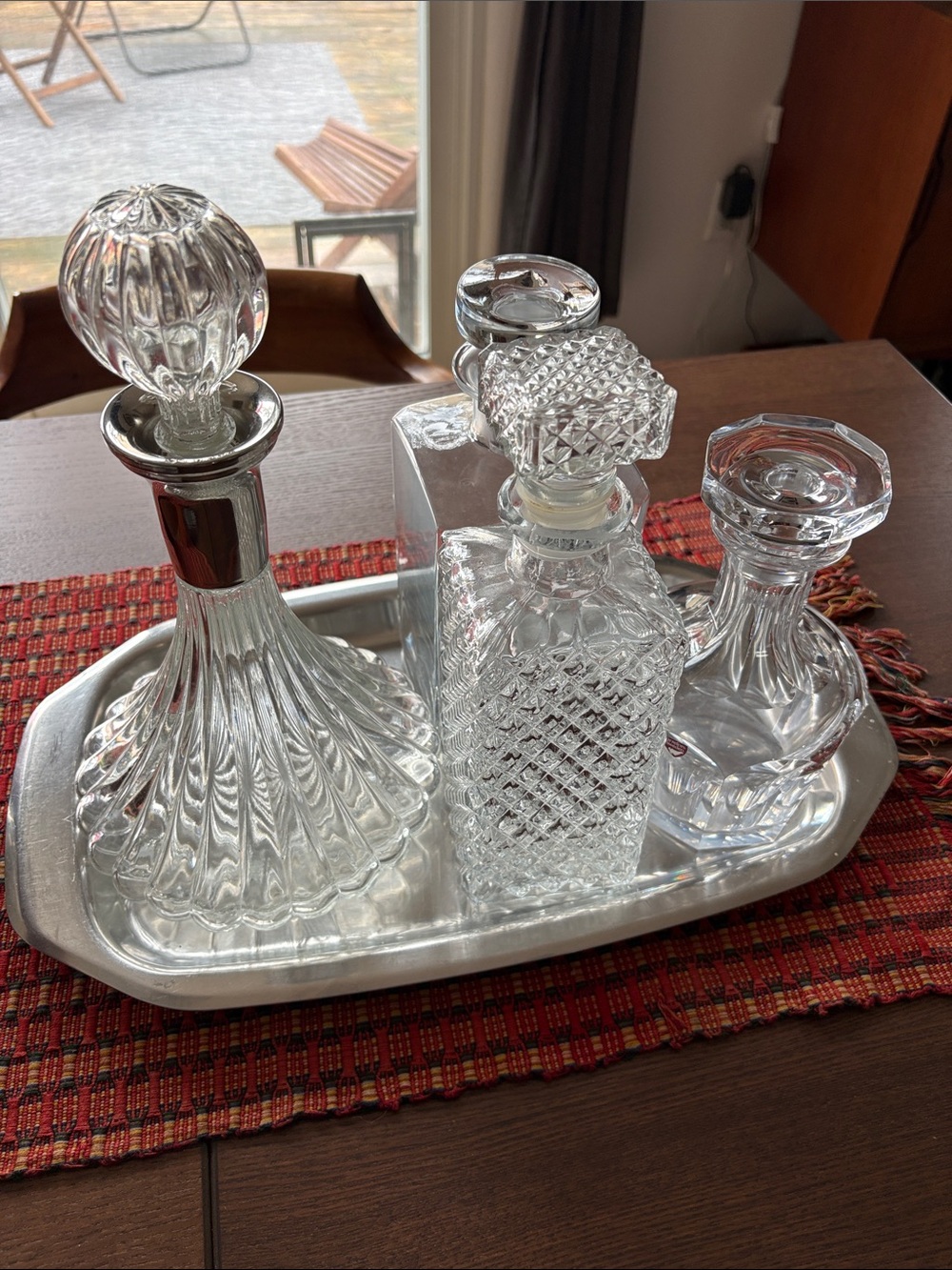 VINTAGE 5-PIECE SET -  Mid-century Clear Crystal Decanters & StainlessSteel Tray